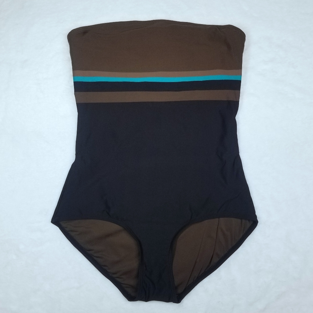 DKNY Brown Black Strapless One-Piece Swimsuit with Teal Accent